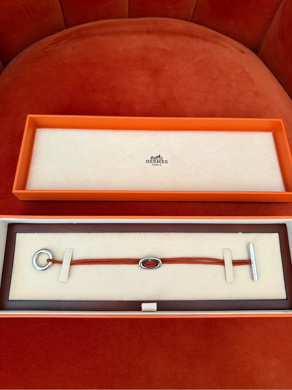 Hermès Skipper Orange Cord Sterling Silver Bracelet + Box